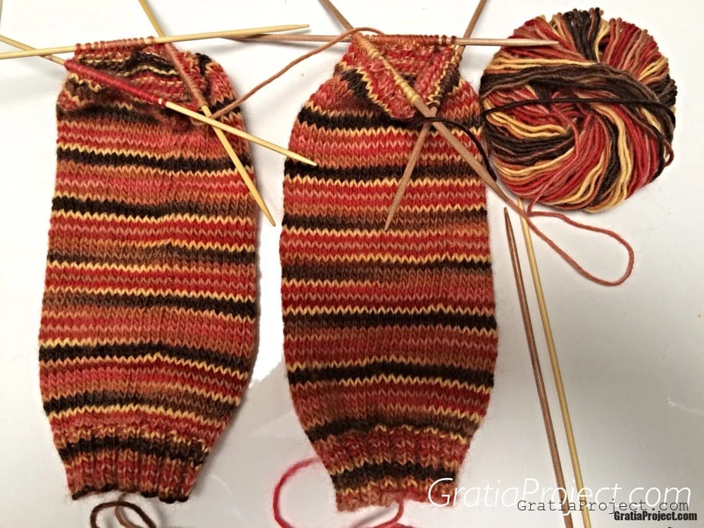 Orange Pierrot Yarn Legwarmer Knitting with DPNs